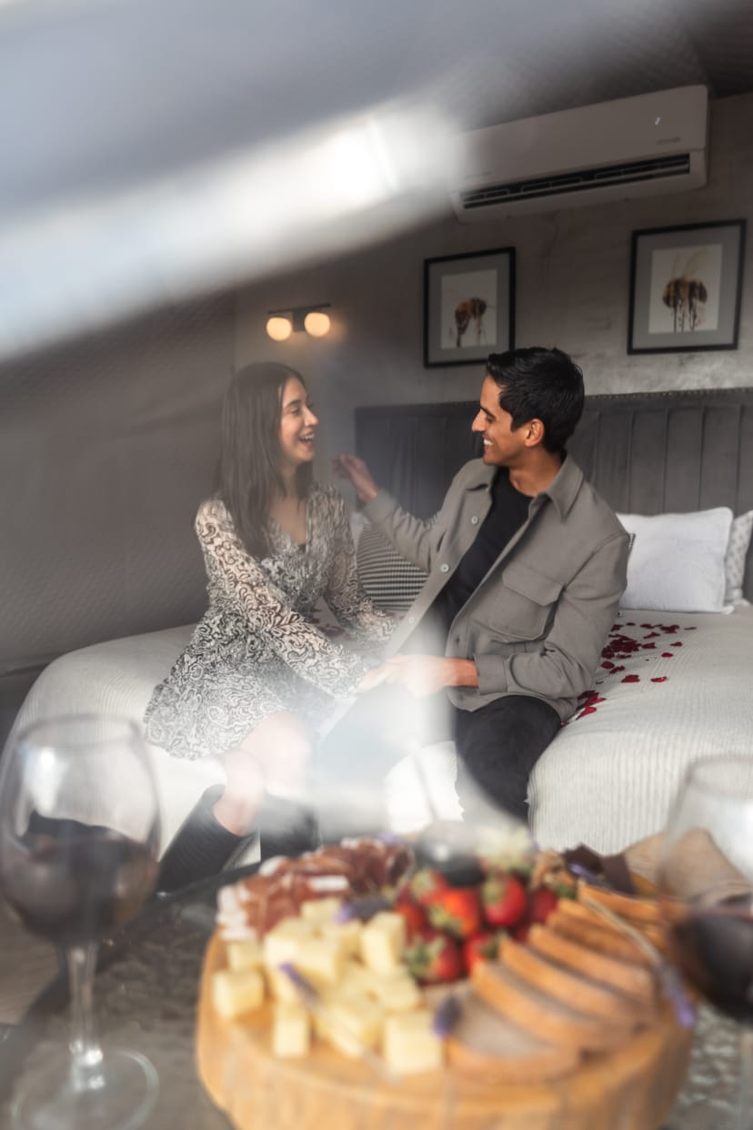 Wide angle view of glamping site