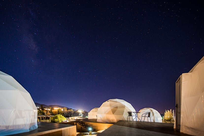 Glamping dome with valley landscape
